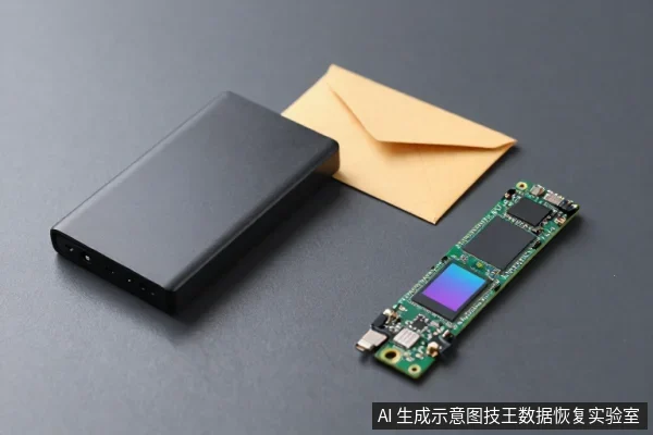 黑色移动硬盘、黄色信封与一块带屏幕的绿色电路板并排放在深色桌面上
