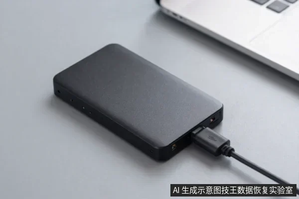 黑色外置硬盘平放在灰色桌面上,通过黑色USB线连接,右上方可见银色笔记本电脑局部。