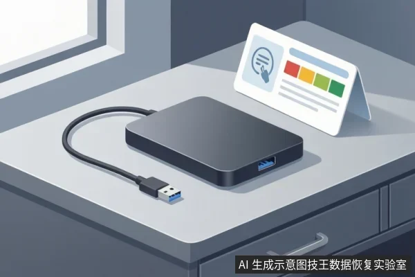 桌面上放着一台深色移动硬盘和一根未连接的USB线，旁边立着一张带有红黄绿色块的卡片。