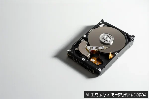 白色背景上放置一块打开外壳的机械硬盘，可见金属盘片、中心主轴、磁头臂组件和电路板接口。