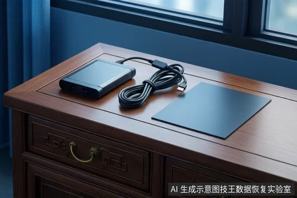 木桌上放置一台黑色移动硬盘、一根盘绕的USB数据线和一块黑色平板状设备，背景为窗户与蓝色窗帘。
