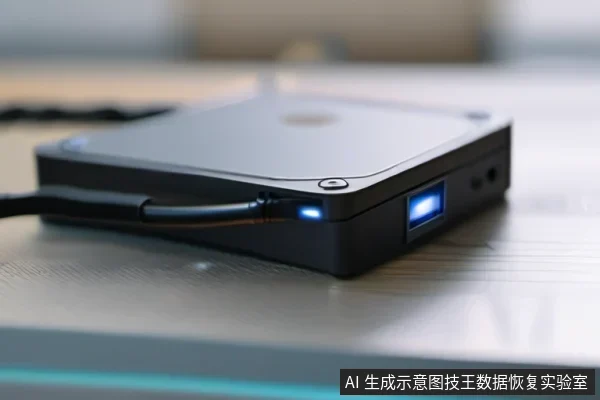 桌面上一台黑色移动硬盘侧面插着连接线,USB接口与蓝色指示灯亮起,呈现设备连接与识别状态。