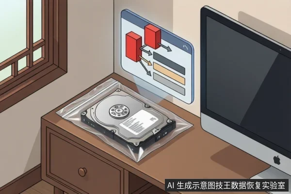 插画中桌面防静电袋内放一块3.5寸机械硬盘,旁为一台黑屏显示器,背景悬浮红色数据块与箭头指向条带的扫描示意图。