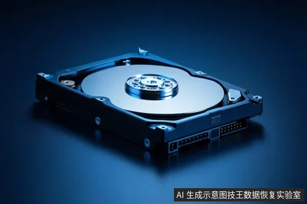 蓝色背景上展示一块打开外壳的机械硬盘,可见金属盘片、中心主轴和尾部SATA数据与电源接口。
