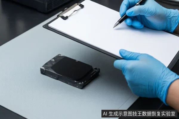 戴蓝色手套的双手在白色记录板旁持笔,桌面上放着一块裸露的固态硬盘。