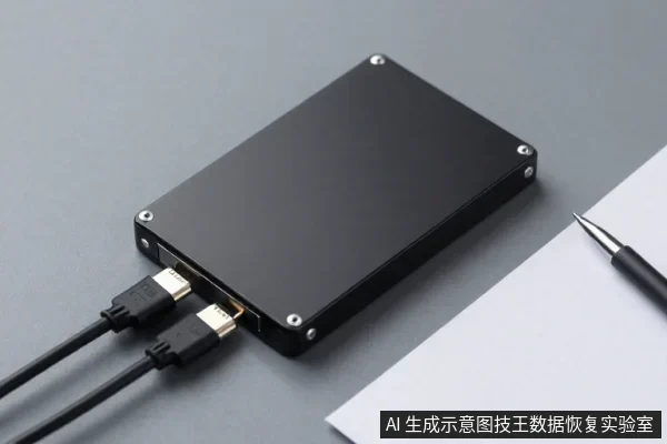 黑色金属外壳硬盘盒平放于灰色桌面，左侧接有两根黑色数据线，右侧有白纸和一支笔