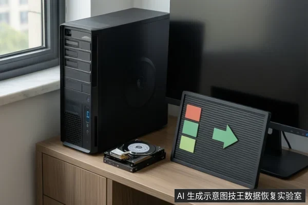 桌面上黑色台式主机旁放着一块开盖机械硬盘,可见盘片与磁头臂,右侧立着带三个彩色方块和绿色箭头的黑色示意板,背景为显示器与窗户。