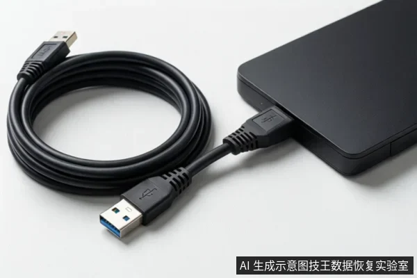 白色背景上,一根黑色USB数据线盘绕放置,一端已插入右侧的黑色移动硬盘接口,另一端为蓝色USB-A插头。