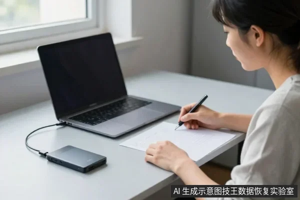 一名亚洲女性坐在桌前，用笔在纸上书写，旁边放着一台笔记本电脑和一块通过线缆连接的移动硬盘。
