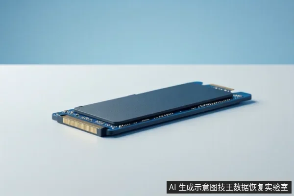 白色台面上斜放一块蓝色PCB的M.2固态硬盘，表面覆盖黑色散热片，两端可见金手指接口，背景为浅蓝色。