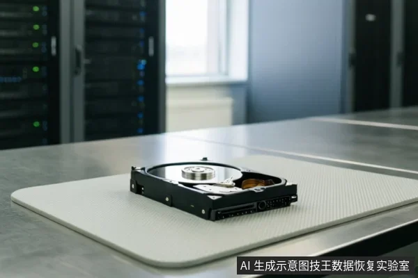 一块打开外壳的机械硬盘放在白色防静电垫上,背景为机房机柜。