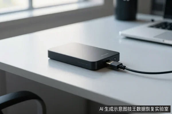 白色桌面上放着一个黑色长方形外置存储设备,侧面接口插着USB线,背景有笔记本电脑和杯子。