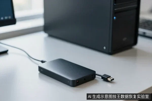 桌面上放置一台黑色外置硬盘盒,通过USB线连接至旁边的黑色电脑主机,背景可见显示器边缘。