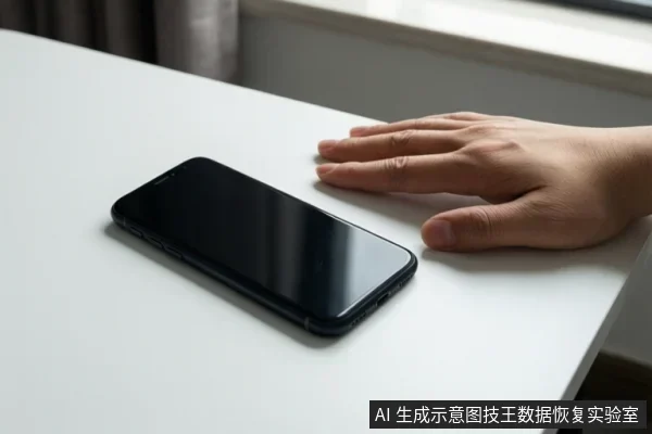 白色桌面上放置一部黑色智能手机,屏幕关闭,右侧有一只手平放在桌面边缘。