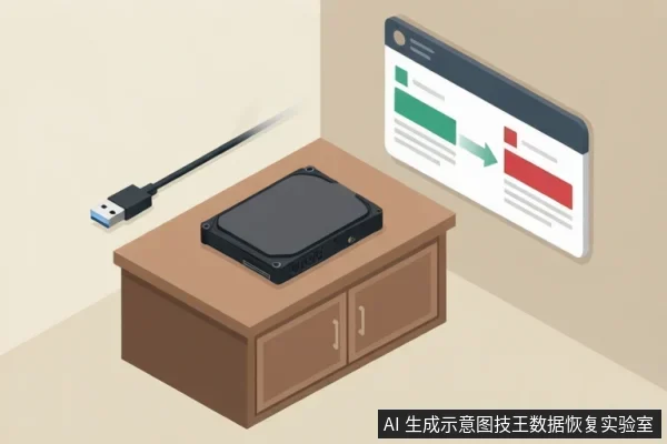 木柜上放置黑色机械硬盘,旁有USB线,右侧悬浮显示状态判断的UI面板