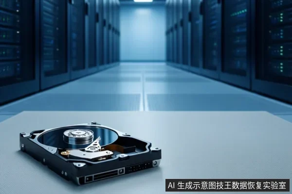 服务器机房走廊前景桌面上放置一块打开上盖的机械硬盘，可见盘片、主轴和磁头臂，背景为成排机柜。