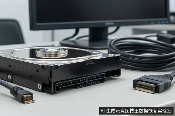 开盖机械硬盘平放桌面,尾部SATA数据与电源接口空置,旁置悬空的SATA数据线及SATA电源线插头,背景为显示器与线缆