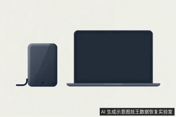 一台深色笔记本电脑旁放着一个带线缆的黑色外置硬盘盒,两者并排置于浅色背景前。