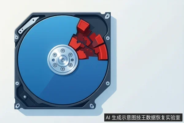 一块打开顶盖的机械硬盘，蓝色盘片右上方出现红色碎裂块，中心主轴和螺丝清晰可见。