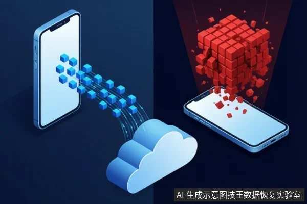 左侧手机屏幕向云朵图标传输蓝色方块,右侧手机上方红色方块散落,示意云端备份与本地数据丢失的对比。