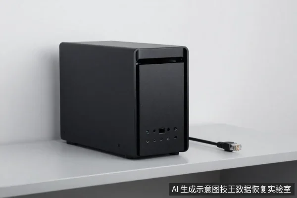 黑色NAS设备置于白色桌面,网线连接设备后部接口,无文字标识。