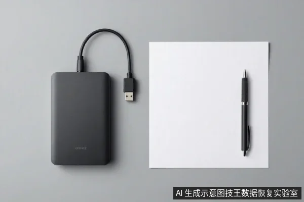 灰色桌面上放着一个黑色移动硬盘,连着一根USB数据线,旁边是一张白纸和一支黑色签字笔。