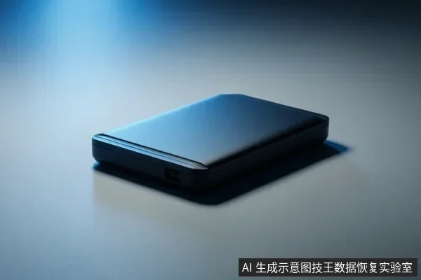 一个黑色长方形移动硬盘平放在浅色桌面上,侧面可见一个接口,背景为蓝色渐变光影。