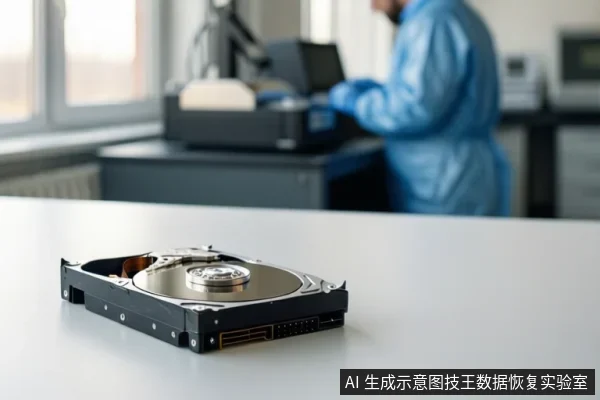 白色桌面上放置一块打开外壳的机械硬盘，可见盘片与磁头组件；背景虚化，一名穿蓝色防护服的人员在操作台旁工作。