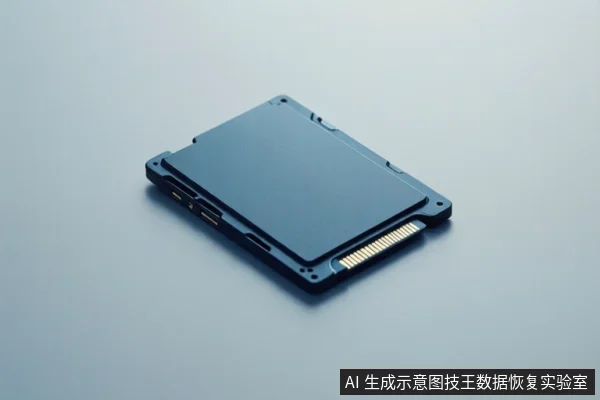 灰色背景上放置一块黑色矩形存储设备,一侧露出金色接口触点,表面平整无明显文字。