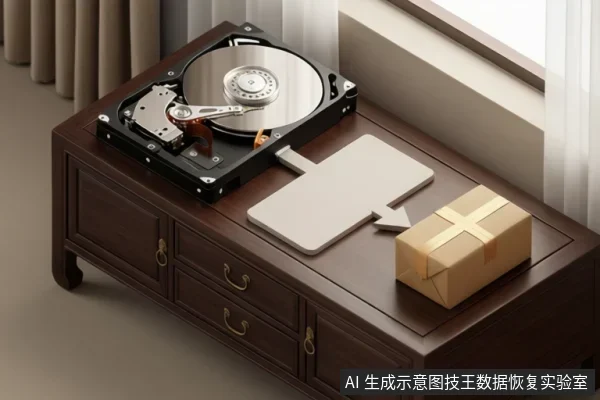 木质柜子上放着一个开盖的机械硬盘、一个平板设备和一个打包好的纸箱,箭头从平板指向纸箱。