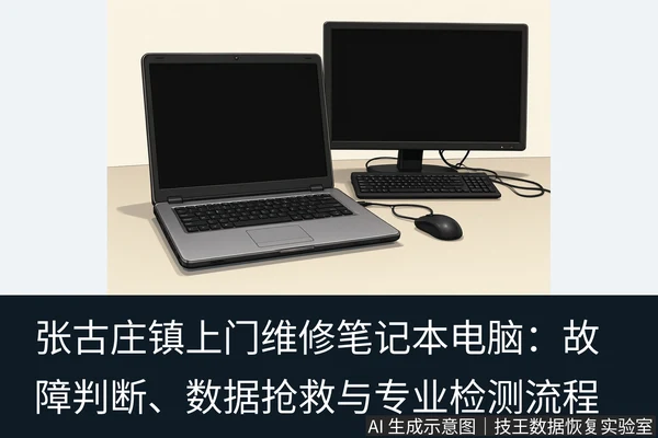 文章内容场景示意图：张古庄镇上门维修笔记本电脑：故障判断、数据抢救与专业检测流程