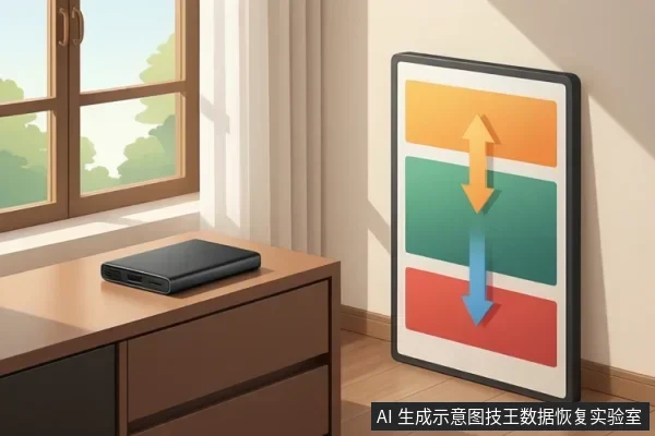 桌面上放着一个黑色移动硬盘,旁边靠墙立着一个展示板,板上有橙绿红三个色块和上下箭头,表示层级流程。