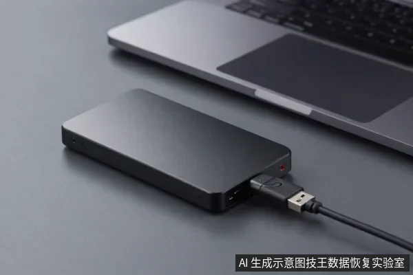 黑色移动硬盘平放在深色桌面上,USB数据线插入硬盘侧面接口,旁边有一台笔记本电脑。