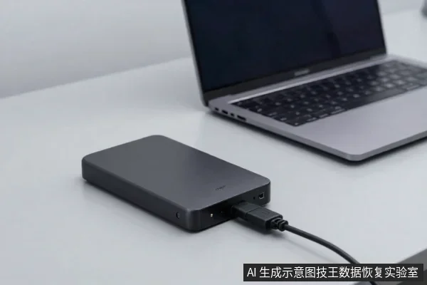 灰色外置硬盘平放在白色桌面上，USB线插入其侧面接口，后方有一台打开的笔记本电脑。