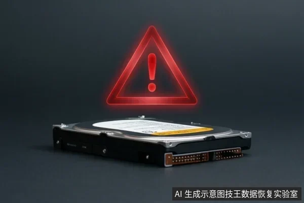 A 3.5-inch internal hard drive on a dark surface with a red warning triangle above it