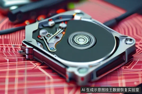 一个拆开顶盖的机械硬盘平放在红色电路图案垫上,可见圆形盘片、磁头臂与音圈电机结构,旁边有黑色线缆。