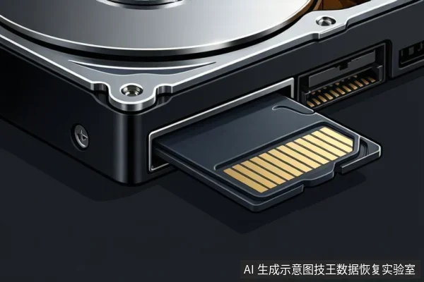 A close-up of a hard drive with a memory card partially inserted into its connector.