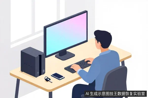 一名男子坐在桌前使用台式电脑,桌上放有主机、键盘、手机和钥匙,屏幕显示渐变背景。