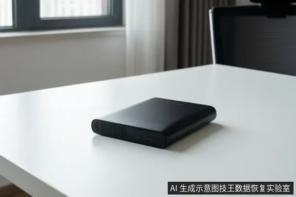 白色桌面上放置一个黑色长方形移动硬盘,背景有窗户、窗帘和办公椅,右下角有固定标识。