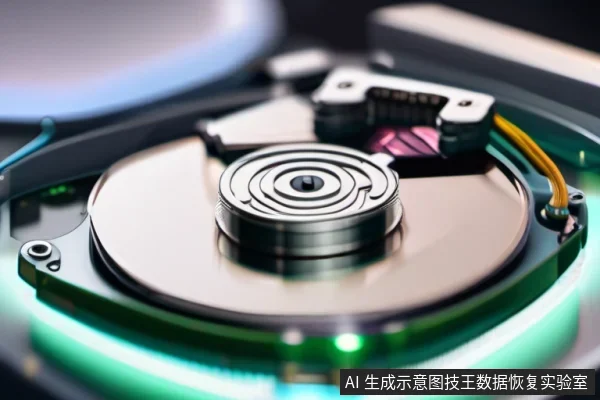 一张机械硬盘开盖后的内部特写，可见圆形金属盘片、中心主轴、磁头臂与音圈组件，盘片边缘带有绿色光效。