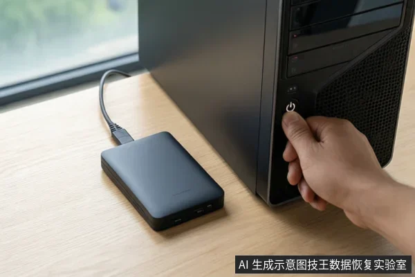 一只手正在按下台式电脑主机的电源按钮,桌面上放着一个通过线缆连接的移动硬盘。
