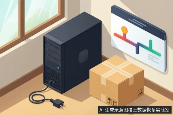 桌面上放着一台黑色台式电脑主机,电源线插头置于地面未连接,旁边是一个封好的快递纸箱,右上方悬浮一张彩色流程示意图。