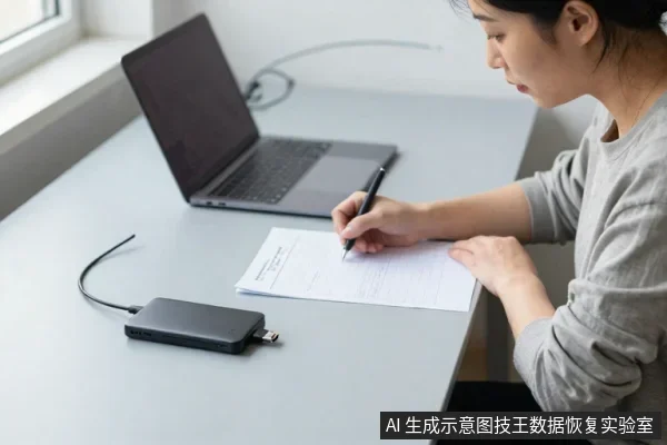亚洲女性坐在桌前,用笔在纸上记录,桌上放着一台笔记本电脑和一个带USB线的黑色外置硬盘。