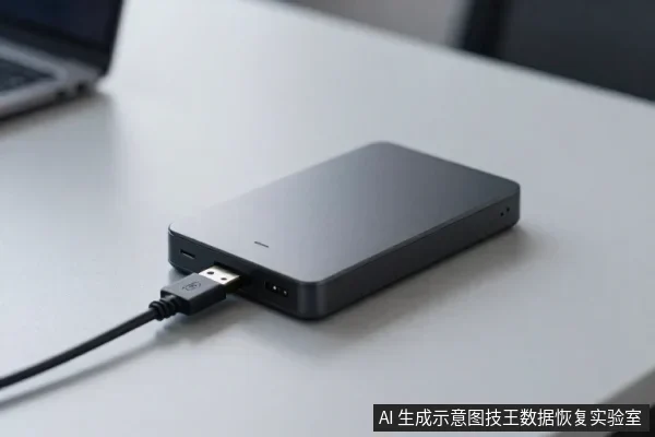 白色桌面上放着一块黑色移动硬盘,侧面USB接口插着数据线,左后方可见笔记本电脑一角。