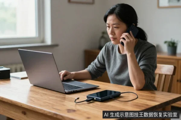 一名亚洲女性坐在木桌前，左手拿手机通话，右手放在笔记本电脑键盘上，桌面放着一部连线的手机。
