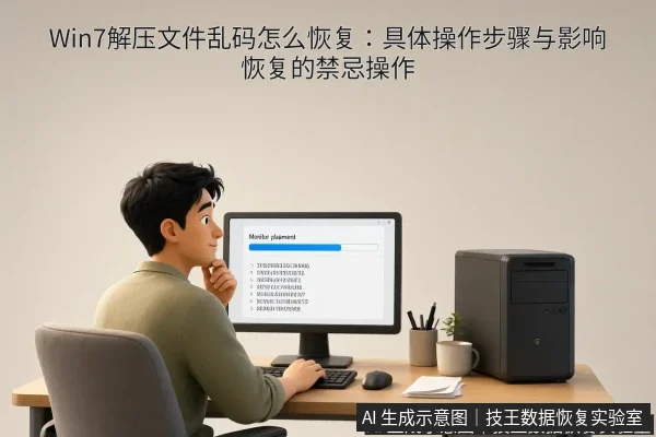 文章内容场景示意图：Win7解压文件乱码怎么恢复：具体操作步骤与影响恢复的禁忌操作