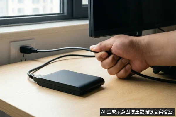 一只手握着连接移动硬盘的线缆,硬盘放在桌面上,背景有显示器和插座。