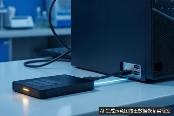 桌面上黑色外置移动硬盘前端指示灯亮起,USB线连接至右侧台式机前部USB接口,背景为模糊实验台与蓝色柜体。