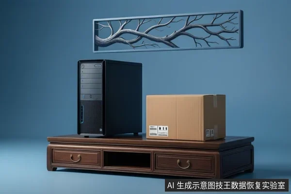 木质电视柜上并排放置一台黑色立式台式电脑主机和一个棕色快递纸箱,背景为蓝色墙面,墙上挂有树枝造型装饰画。