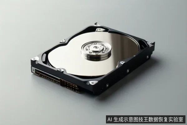 一个机械硬盘的示意图,展示了其金属盘片、中心主轴和外部接口,放置在灰色背景上。